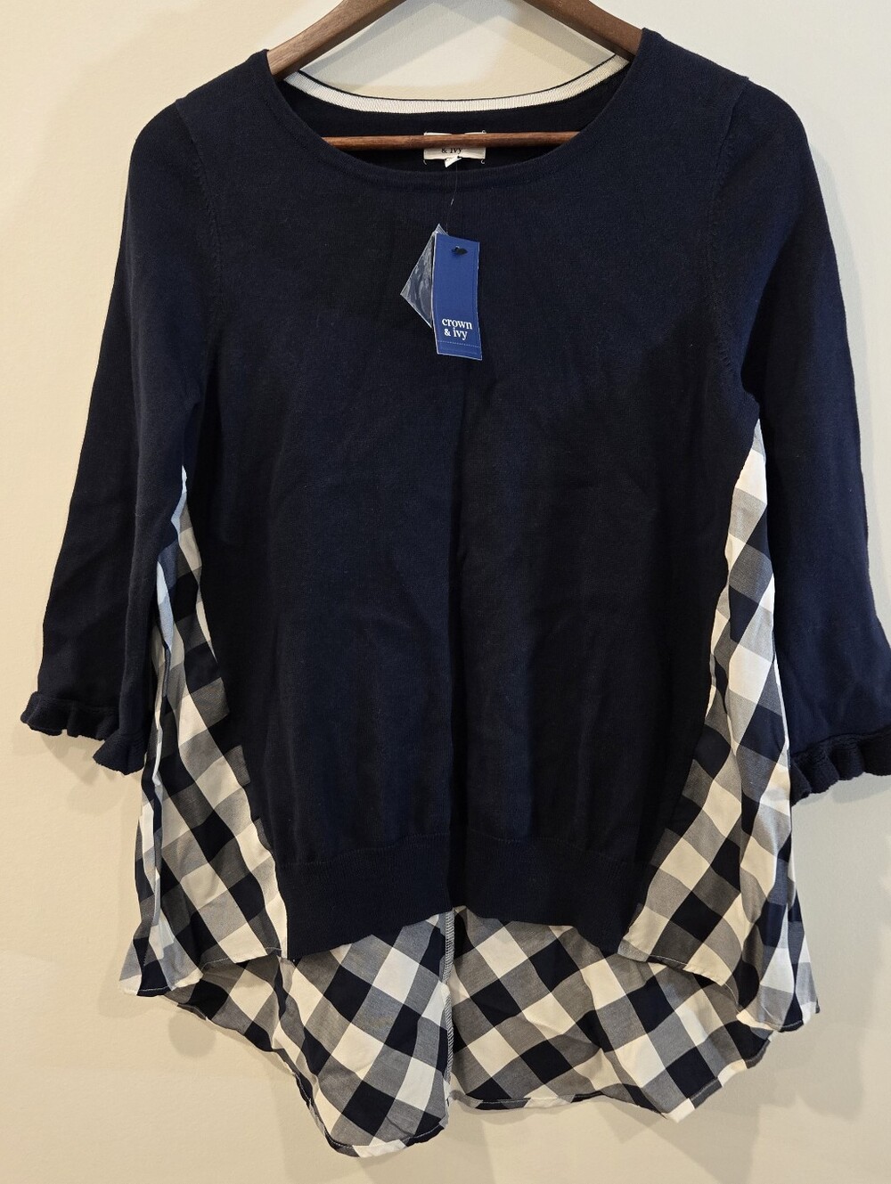 NWT Crown & Ivy Navy Check Sweater Combo Sz S 4 6 Cotton Comfy
